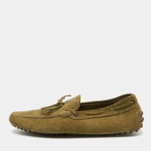 Tod's Light Olive Green Suede Bow Slip On Driver Loafers Size 44
