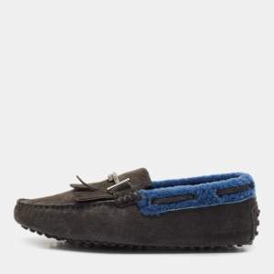 Tod's Grey Shearling and Suede Double T Driver Loafers Size 39.5