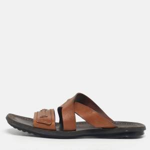 Pre Owned Tod's Brown Leather Crisscross Slide Sandals Size 42.5