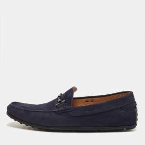 Pre Owned Tod's Navy Blue Suede Double T Loafers Size 44.5