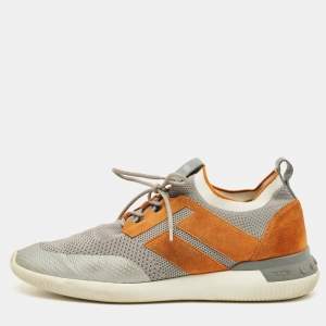 Pre Owned Tod's Size 43 Grey/Brown Knit Fabric and Suede Low Top Sneakers