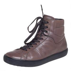 Pre Owned Tods Brown Leather Lace Up High Ankle Sneakers Size 42.5