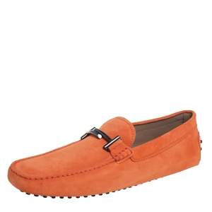 مملوكة مسبقًا Tod's Orange Suede Gommino Double T Loafers Size 45.5
