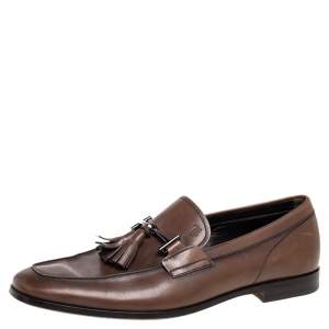 Tods Brown Leather Tassel Slip On Loafers Size 42