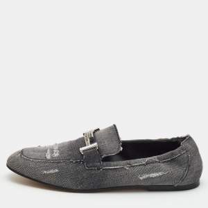 Tod's Dark Grey Denim Double T Crystal Embellished Loafers Size 41