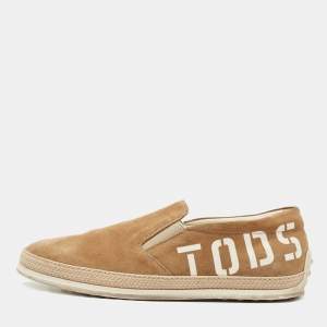 Tod's Brown Suede  Leather Logo Slip On Espadrille Sneakers Size 41.5