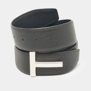 Tom Ford Black/Navy Blue Leather T Buckle Belt 105CM