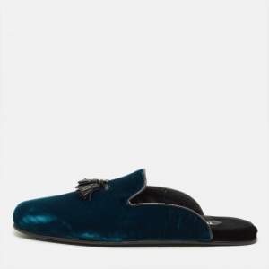 Pre Owned Tom Ford Size 44 Blue Leather Fringe and Velvet Flat Mules