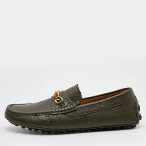 Tom Ford Olive Green Leather Chain Link Slip On Loafers Size 43