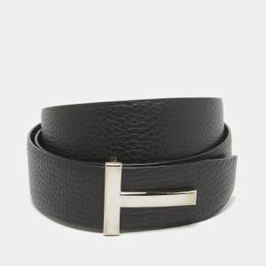 Tom Ford Black/Navy Blue Leather T Icon Reversible Belt 110 CM