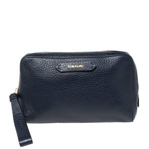 Tom Ford Navy Blue Leather Zip Around Wristlet Pouch