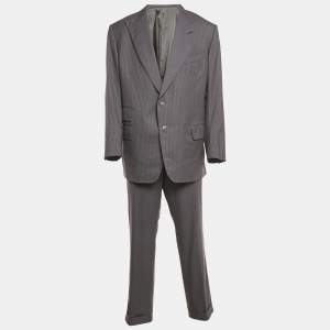 Tom Ford Grey Striped Wool Single Breasted Pants Suit Set 4XL/5XL