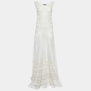 Pre Owned Roberto Cavalli White Cotton & Lace Sleeveless Maxi Dress S
