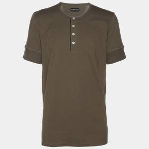 Tom Ford Olive Green Cotton Knit Henley T-Shirt XL
