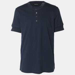 Tom Ford Navy Blue Cotton Knit Henley Neck T-Shirt XL