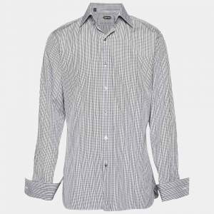 مملوكة مسبقًا قميص توم فورد أكمام طويل قطن مقلم بمربعات أحادي اللون مقاس كبير جدًا