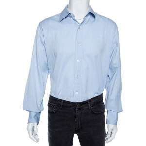 Tom Ford Light Blue Cotton Herringbone Patterned Shirt XXL 