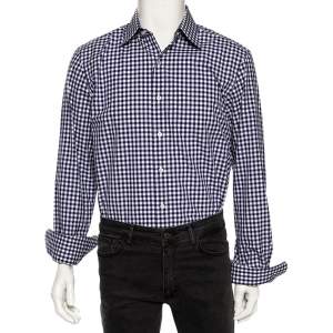 Tom Ford Indigo Gingham Checkered Cotton Button Front Shirt L
