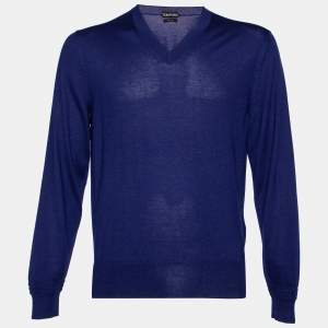 Tom Ford Blue Cashmere & Silk V-Neck Sweater L