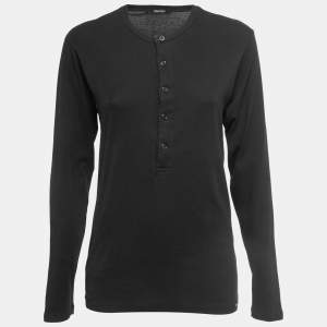 Tom Ford Black Cotton Buttoned Crew Neck Full Sleeve T-Shirt M