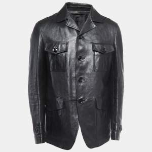 Tom Ford Black Leather Button Front Military Jacket XXL
