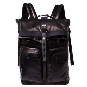 Pre Owned TUMI Black/Metallic Bronze Leather Alpha Bravo Luke Roll Top Backpack