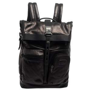 Pre Owned TUMI Black/Metallic Bronze Leather Alpha Bravo Luke Roll Top Backpack