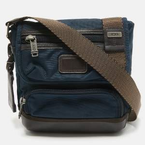 TUMI Navy Blue/Brown Leather and Nylon Alpha Bravo Barstow Messenger Bag
