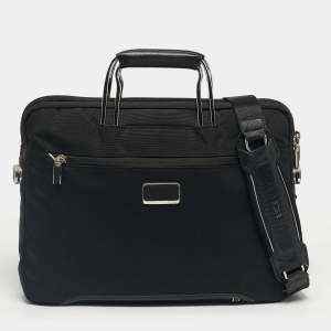 Pre Owned TUMI Black Leather and Nylon Hamilton Slim Briefcase Bag