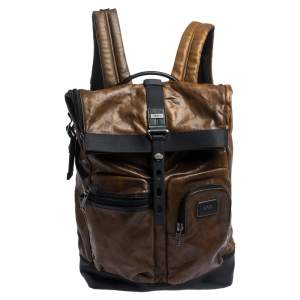 TUMI Brown/Black Leather London Roll Top Backpack