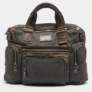 Tumi Grey/Brown Denim and Leather Alpha Bravo Brooks Briefcase Bag