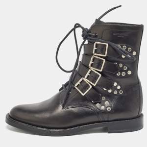Saint Laurent Black Leather Buckle Detail Ankle Boots Size 40