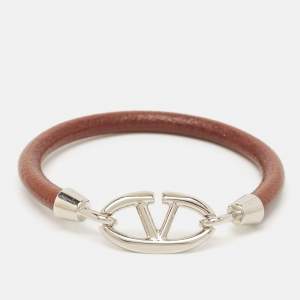 Valentino VLogo Bold Edition Leather Silver Tone Bracelet