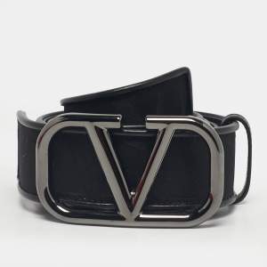 Pre Owned Valentino Black Iconographe Canvas and Leather VLogo Buckle Belt 90 CM