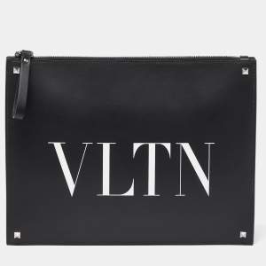 Valentino Black/White Leather VLNT Zip Pouch