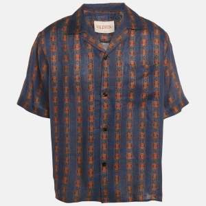 Valentino Blue Print Linen Buttoned Half Sleeve Shirt L