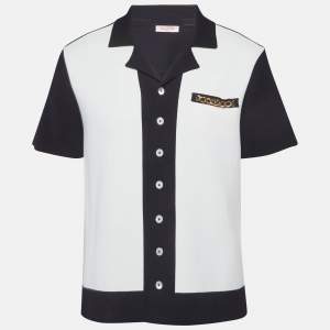 Pre Owned Valentino Black/White Stretch Knit Logo Embroidered Panelled Shirt M