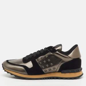 Pre Owned Valentino Black/Metallic Leather and Suede Rockrunner Low Top Sneakers Size 45