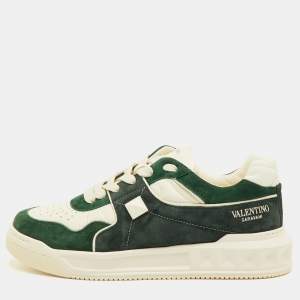 Pre Owned Valentino One Stud XL Size 41.5 Dark Green/White Suede and Leather Low Top Sneakers