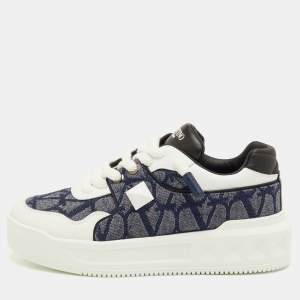 Pre Owned Valentino One Stud XL Size 41.5 Navy Blue/White Toile Iconographe Jacquard and Leather Sneakers