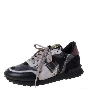 Pre Owned Valentino Black/Grey Mesh And Leather Rockrunner Camouflage Rockstud Low Top Sneakers Size 40