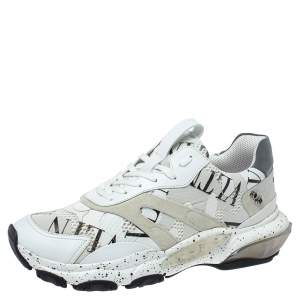 Valentino White/Black Leather, Suede and Mesh Camouflage with Feathers VLTN Grid Bounce Sneakers Size 42