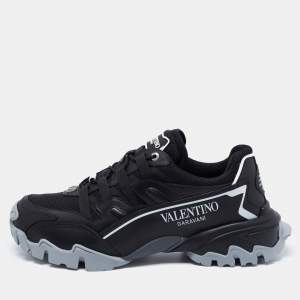 Pre Owned Valentino Black Leather and Mesh Climbers VLogo Sneakers Size 42.5