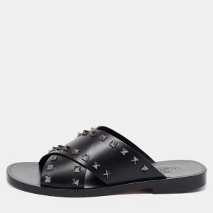 Valentino Black Leather Rockstud Slide Sandals Size 40