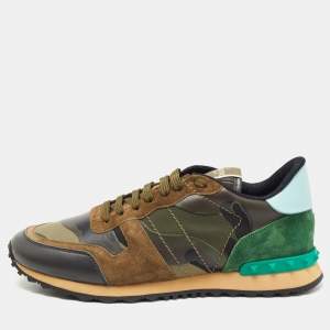 Pre Owned Valentino Green Suede and Leather Rockrunner Low-Top Sneakers Size 42