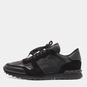 Pre Owned Valentino Black Camouflage Print Canvas and Leather Rockrunner Sneakers Size 44