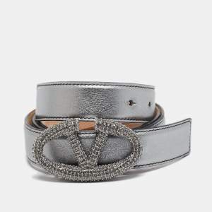 Valentino Metallic Leather Crystals Embellished Vlogo Buckle Belt 90CM