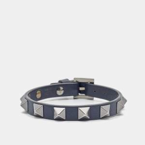 Valentino Navy Blue Leather Rockstud Gunmetal Tone Bracelet