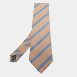Valentino Beige & Blue Diagonal Striped Silk Vintage Tie 