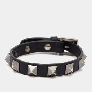 Valentino Black Leather Gunmetal Tone Rockstud Bracelet